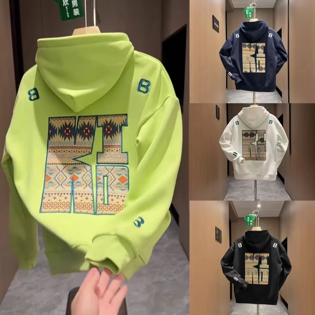 2024新款国朝美式复古刺绣字母连帽卫衣重磅运动宽松长袖情侣帽衫