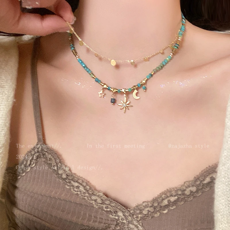 合金项链 蓝色芒星串珠叠戴项链女小众锁骨链波西米亚太阳花颈链