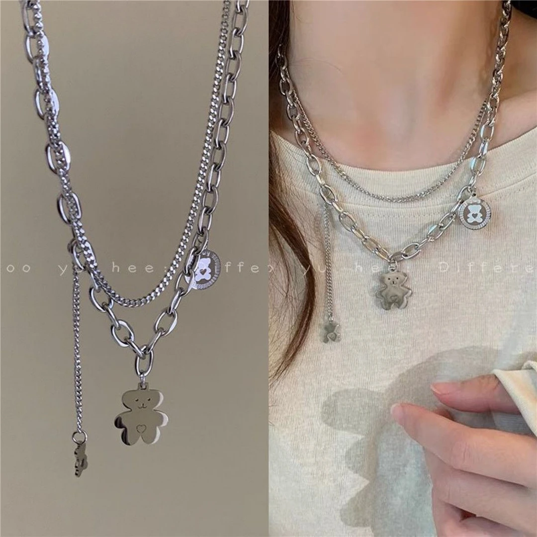 合金项链 双层小熊项链女ins潮小众设计感冷淡风叠戴卫衣链配饰男