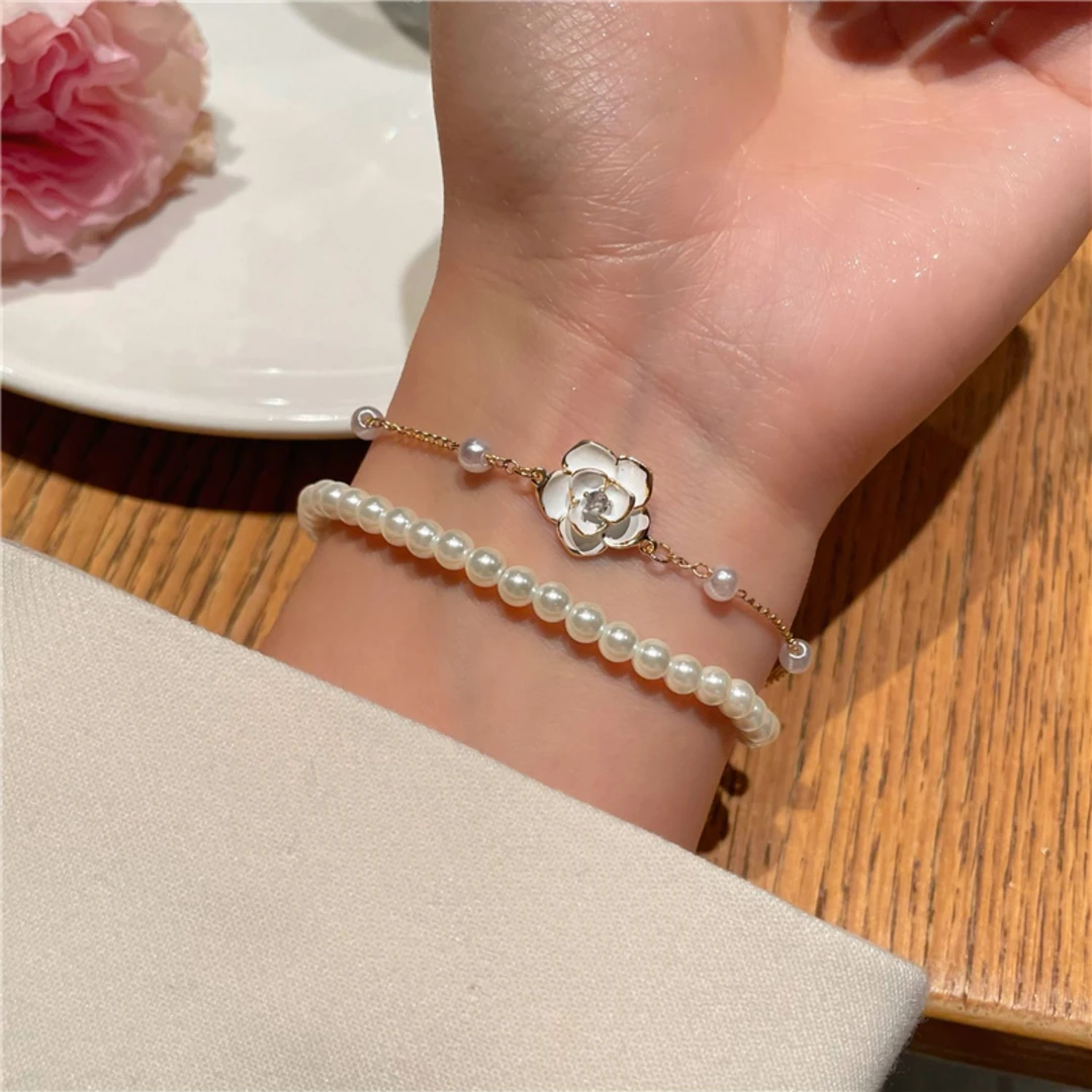 合金手链 仿珍珠山茶花双层手链女新款小众设计感轻奢高级感手饰