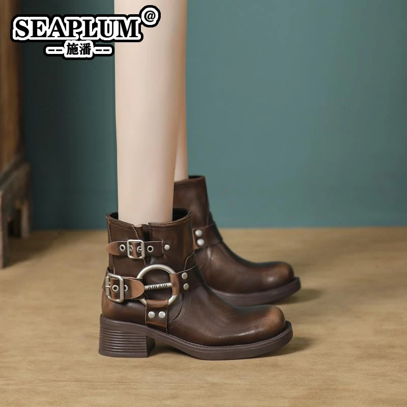 棕色真皮马丁靴女2025新款春季方头西部牛仔靴复古短靴女春秋单靴