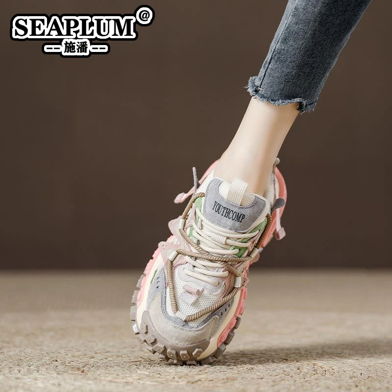 SEAPLUM港风百搭拼色显脚小高街老爹鞋女款2025年厚底季新款女鞋