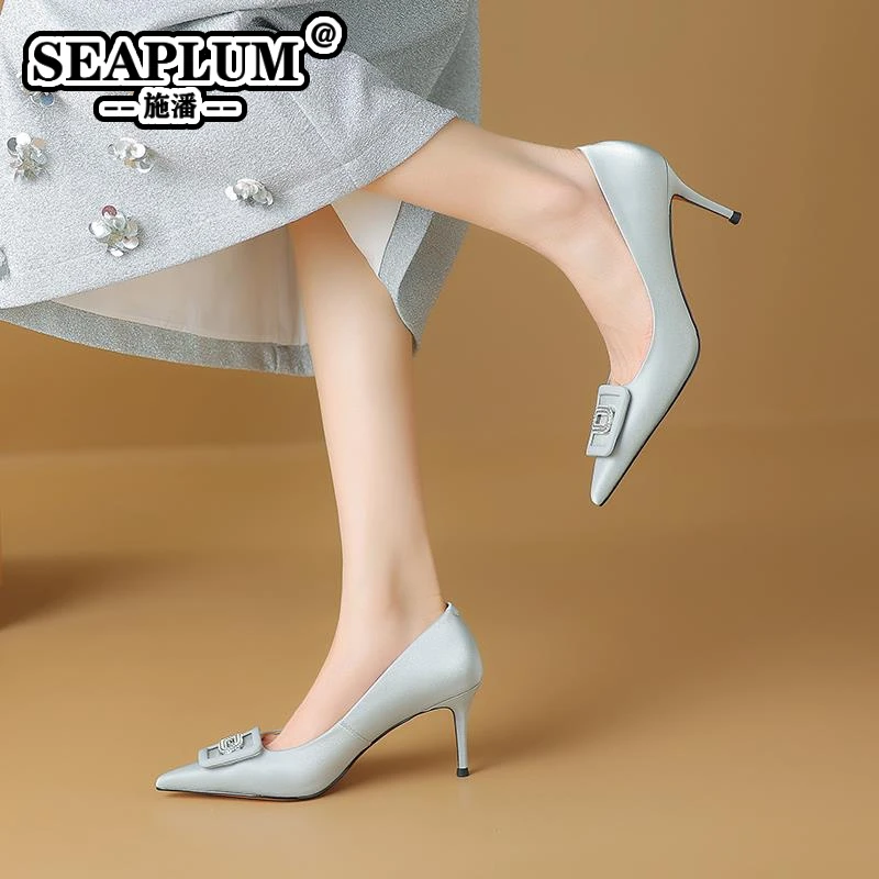 SEAPLUM里外全皮！银灰色尖头气质高跟鞋女新款设计感优雅女士细跟