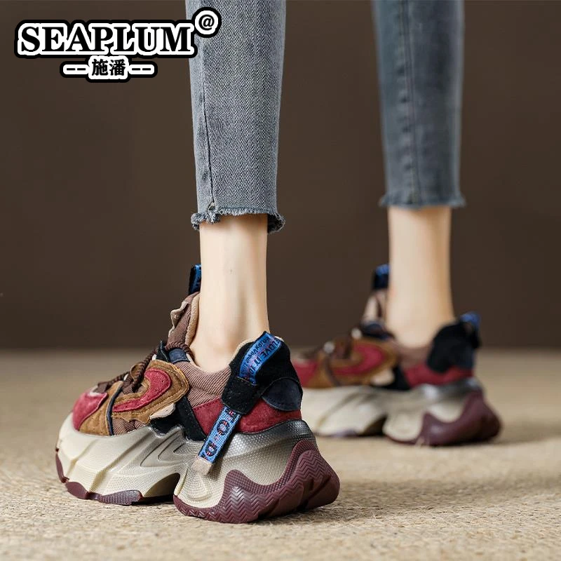 SEAPLUM复古欧货拼色厚底老爹鞋女ins潮2025年冬季新款加绒保暖休