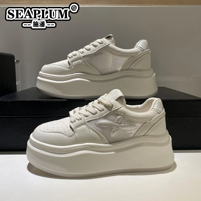 SEAPLUM白色透气小白鞋女厚底2025百搭新款小个子增高松糕鞋女休