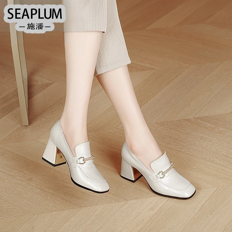 SEAPLUM女2025春秋新款真皮鞋白色时尚英伦乐福鞋米百搭中跟