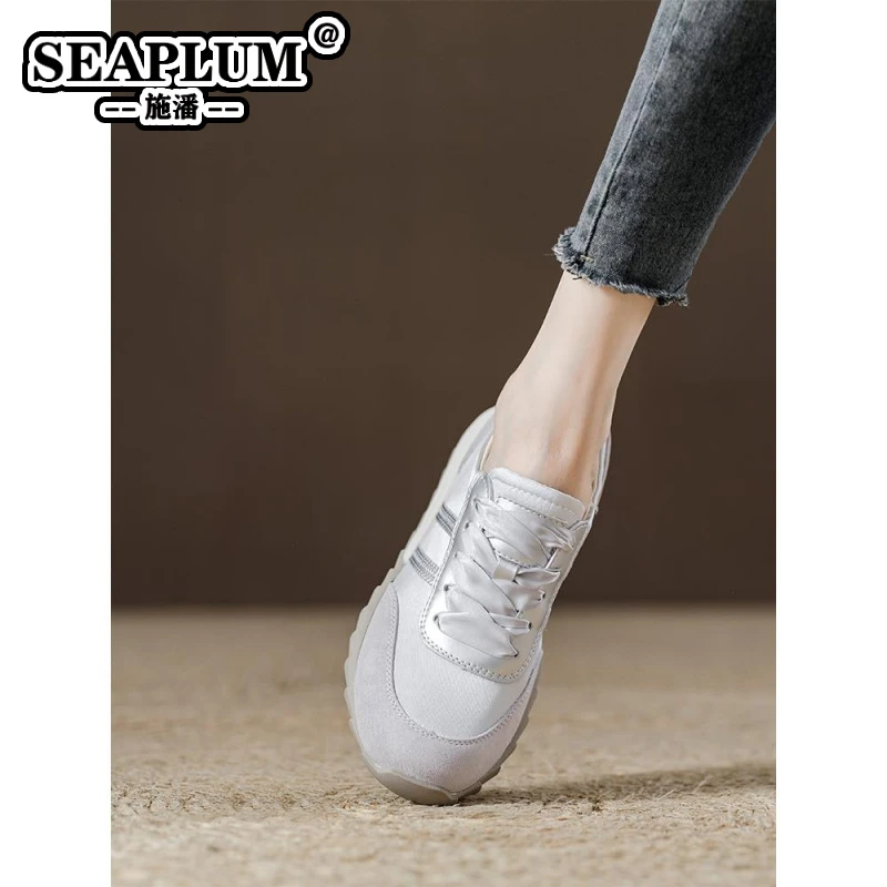 SEAPLUM平底拼色网面透气厚底德训小白鞋女款单鞋2025年休闲百搭