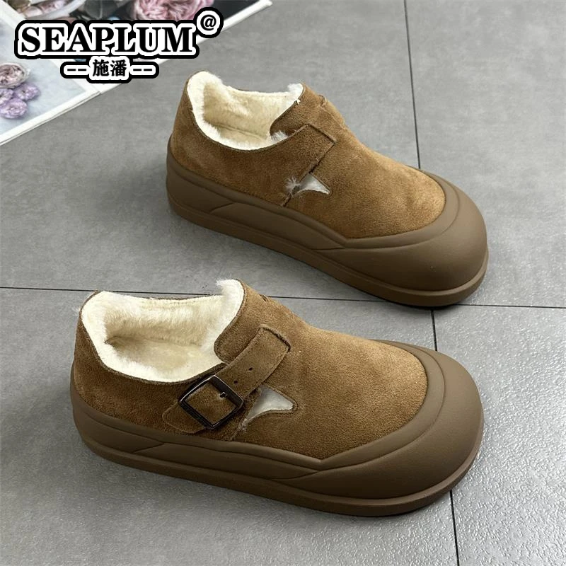 SEAPLUM真皮厚底勃肯鞋女2025冬季新款丑萌羊羔毛百搭复古加绒保