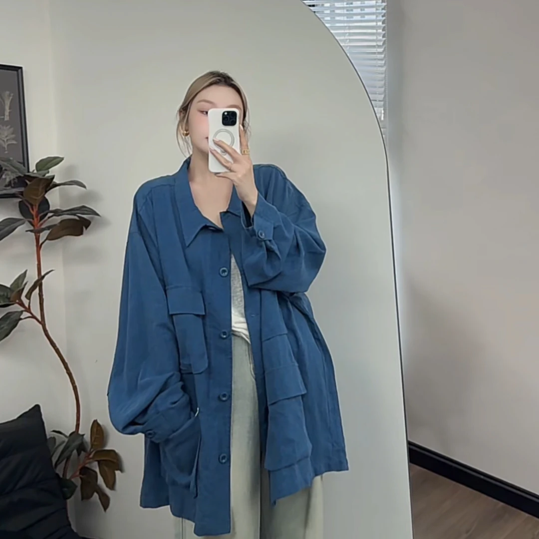 【瘦瘦】苎麻天丝工装外套女春秋宽松休闲美式慵懒上衣设计感S0880
