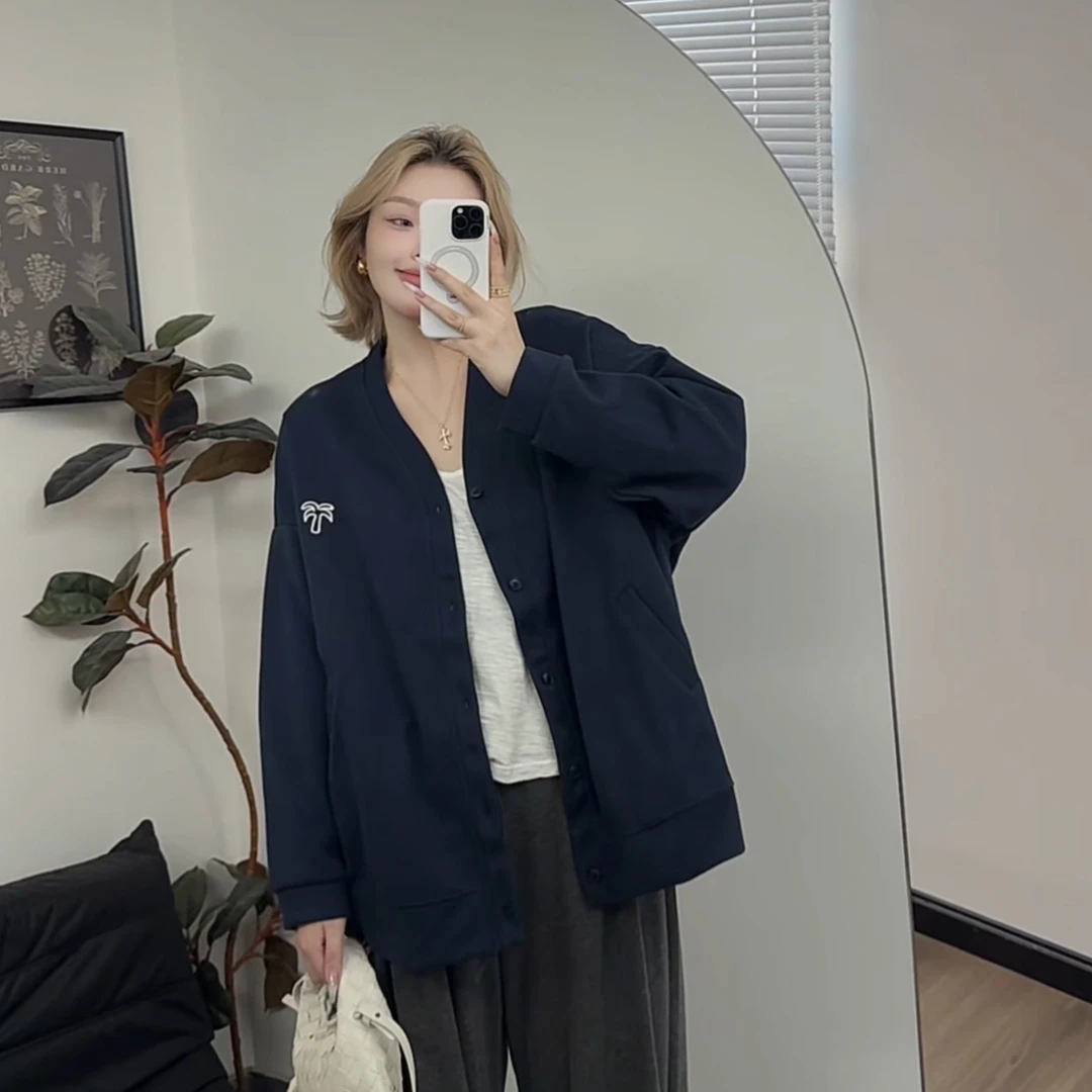 【瘦瘦】韩系椰子树刺绣V领棒球服外套情侣款百搭纯色显瘦开衫S0796