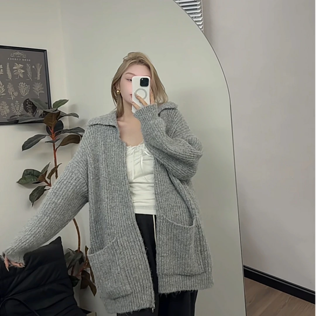 【瘦瘦】小羊泡芙-翻领拉链大毛衣女秋冬加厚针织外套情侣款S0937