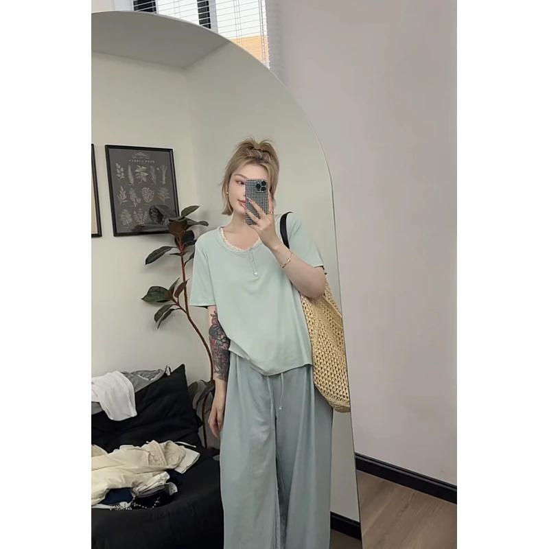 【瘦瘦】大码夏季百搭休闲薄款宽松时尚纽扣蕾丝花边短袖S0720