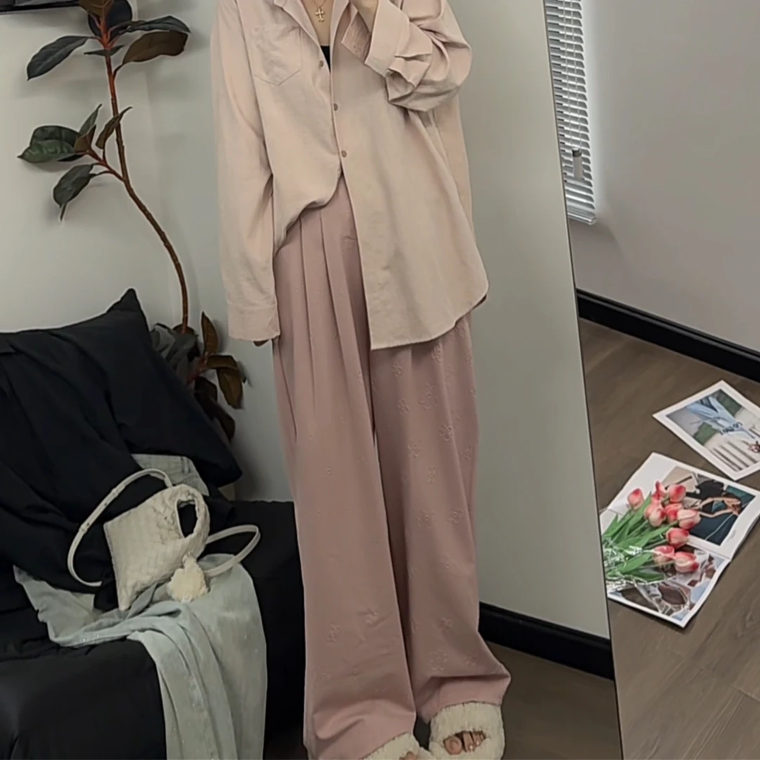 【瘦瘦】大码夏秋显瘦休闲外穿高腰宽松直筒三色压花西裤S0721