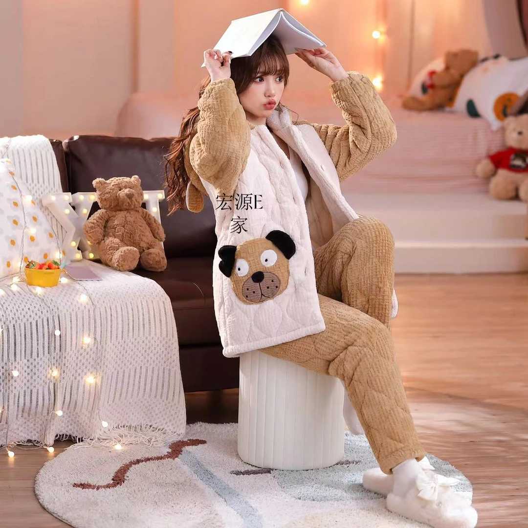 （宏源E家）冬季女士轻奢甜美加绒保暖加厚口袋小狗睡衣套装374