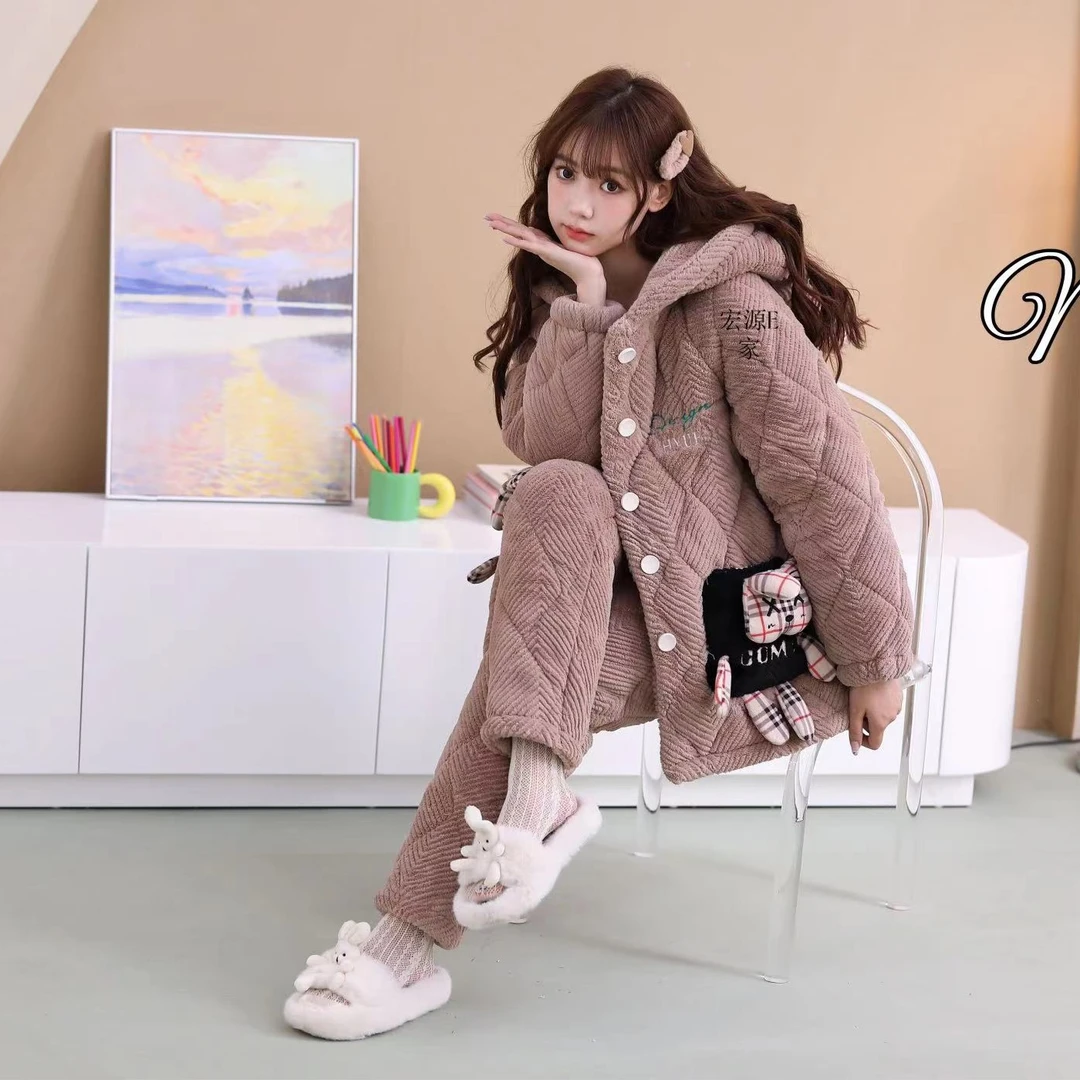 （宏源e家）冬季女士轻奢加厚连帽口袋卡通睡眠兔居服睡衣套装（6807