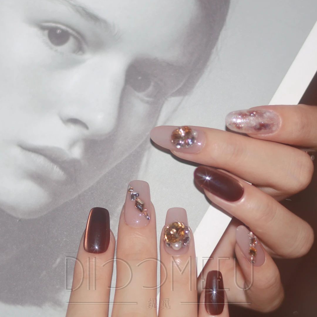 【提拉米苏】缇觅短甲欧泊粉晕染跳色全华子钻纯手工可拆卸式穿戴甲