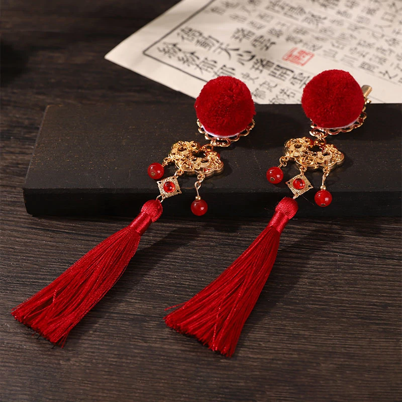 汉服头饰套装超仙毛球安锁发饰发钗插梳古风流苏对夹少女古装饰品