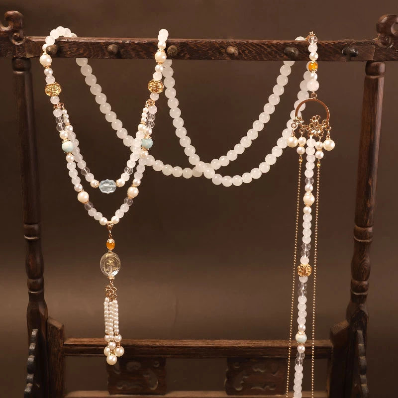 合金玻璃项链 古风背云璎珞长款配饰汉服项链明制长命锁流苏