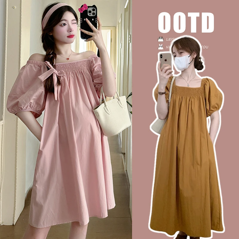 法式韩系气质显瘦方领时尚宽松大码孕妇中长款夏季新泡泡袖连衣裙