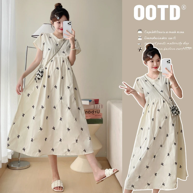 减龄2024孕妇装夏季洗水棉蝴蝶结刺绣甜美A字裙连衣裙宽松气质裙