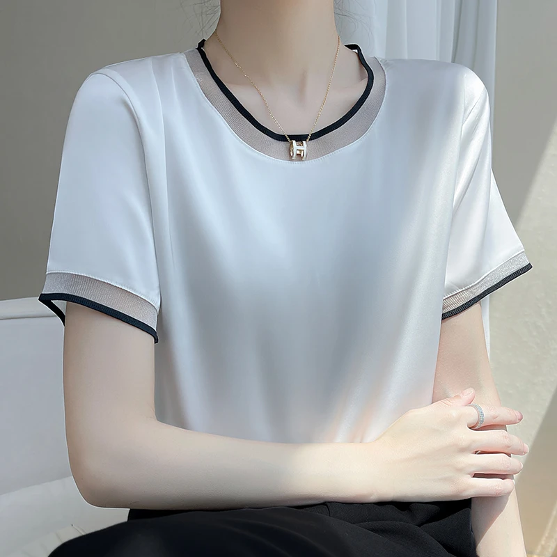高端夏季圆领欧根纱拼接短袖女气质简约百搭宽松半袖T恤薄款轻奢