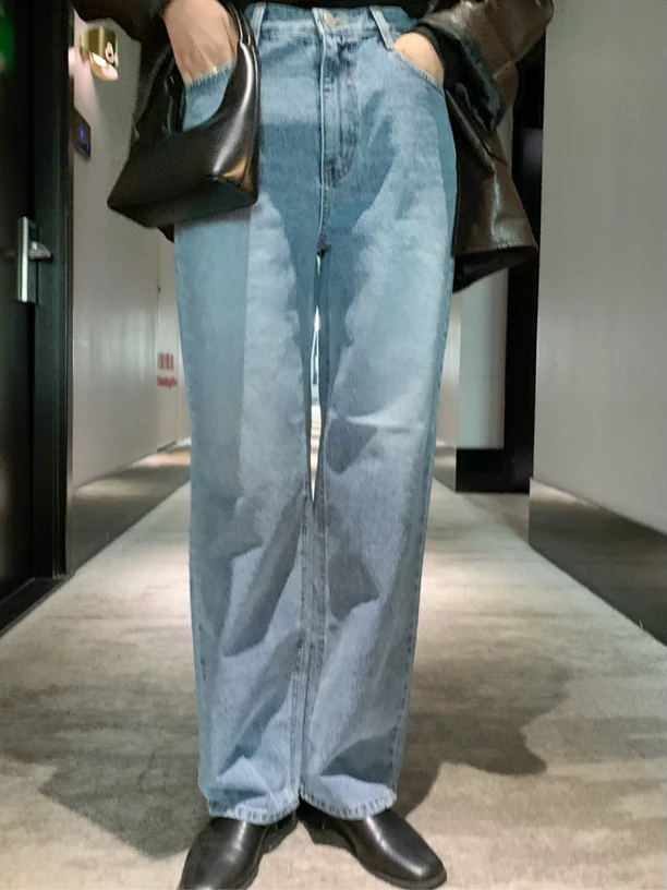 经典蓝水洗阔腿牛仔裤休闲复古感高腰宽松直筒水洗时尚长裤【no退】