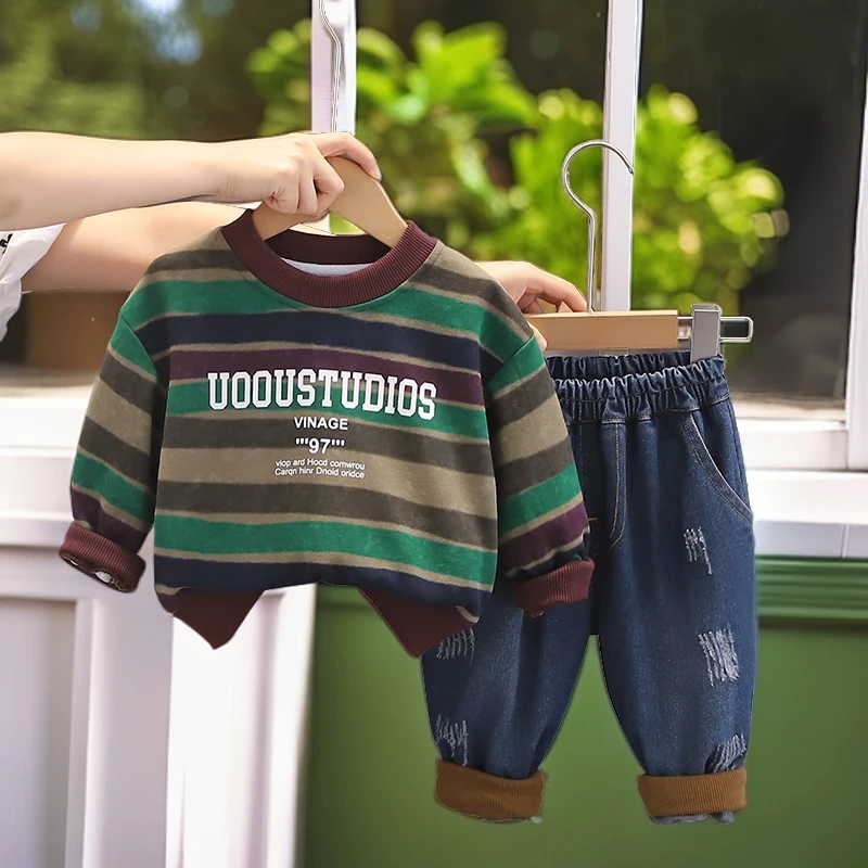 【两件套】2024秋装上新中小童卡通条纹撞色卫衣卫裤套装高品质童装