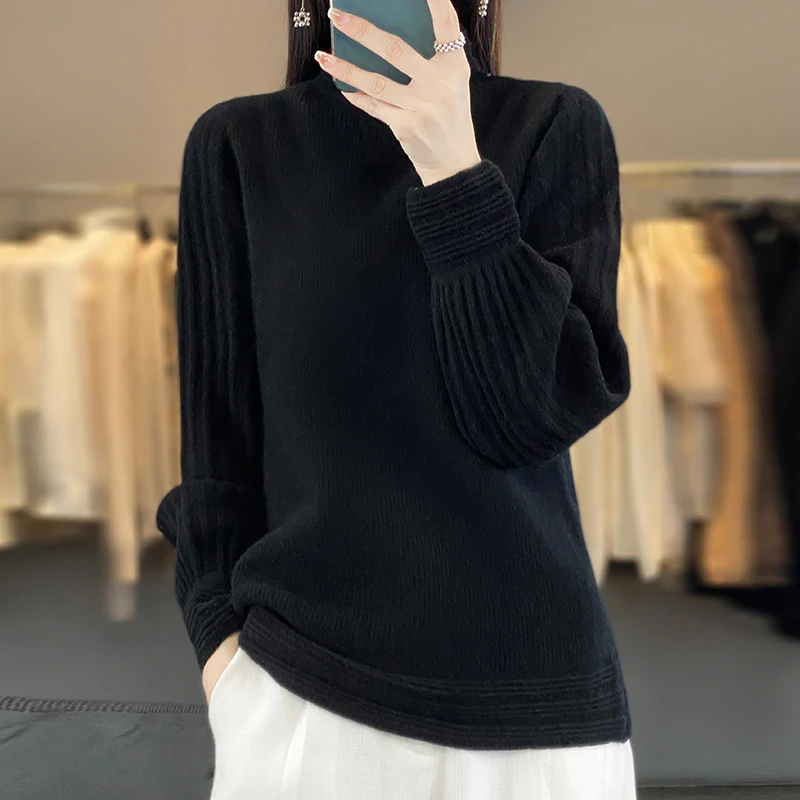 中敏宽松新款半高领羊毛衫毛衣打底衫长袖网红针织时尚百搭女士