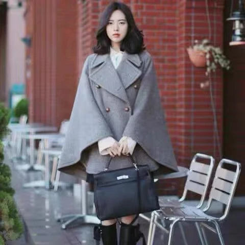 201 高级灰韩版宽松中长款复古潮流斗篷外套