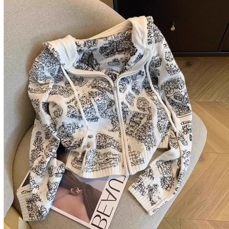 刺绣印花连帽针织开衫女秋冬独特别致时尚设计感百搭短款外套上衣