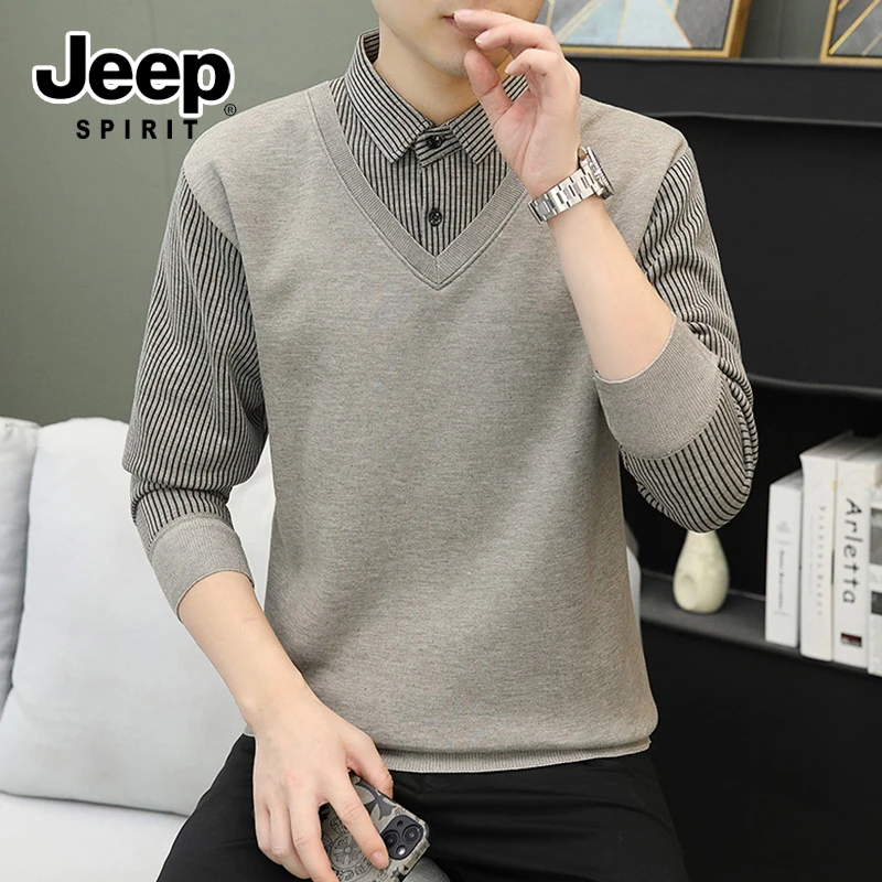 JEEP吉普男士长袖衬衣POLO衫秋冬保暖美式休闲假两件打底针织衬衫