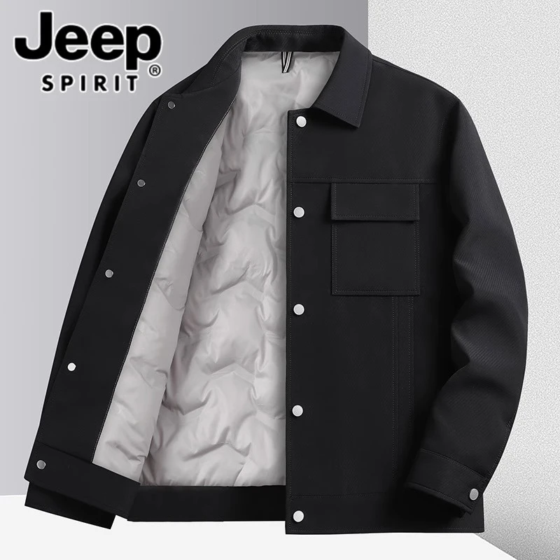 吉普冬季保暖工装羽绒服男外套秋季新款高端轻奢夹克翻领休闲纯色