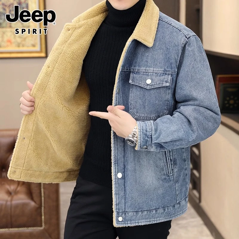 JEEPSPIRIT羊羔绒牛仔男士春季新款加绒美式工装夹克男士开衫外套