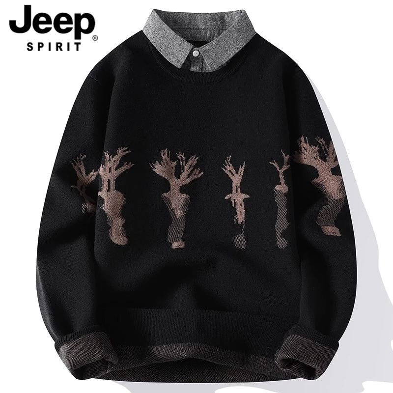 吉普假两件男士毛衣春季加绒加厚针织衫翻领线衣潮流带领毛衫