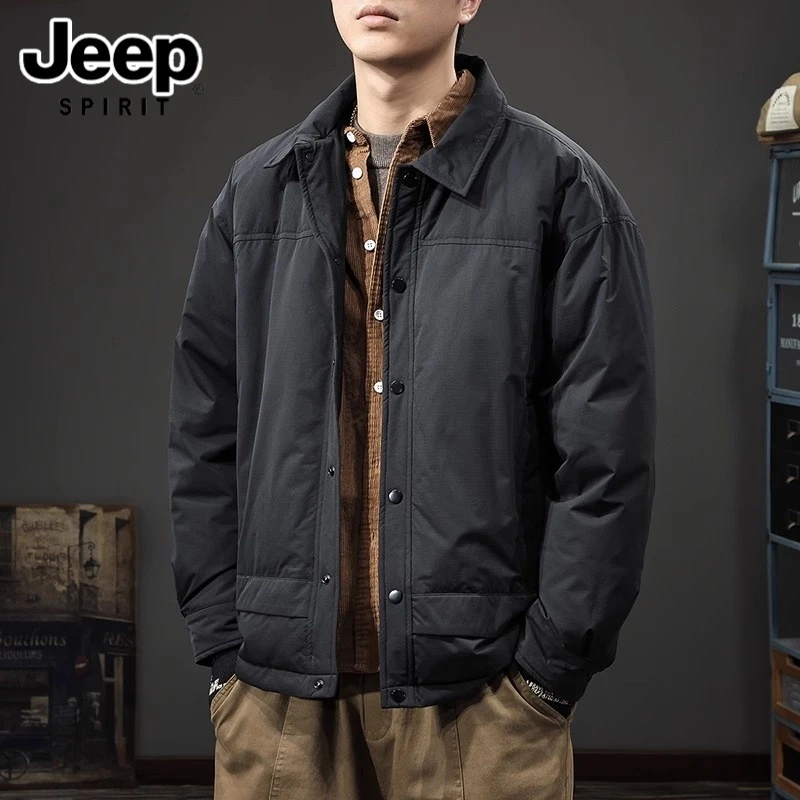 吉普春季新款宽松翻领羽绒服男美式休闲鸭绒保暖工装夹克外套潮