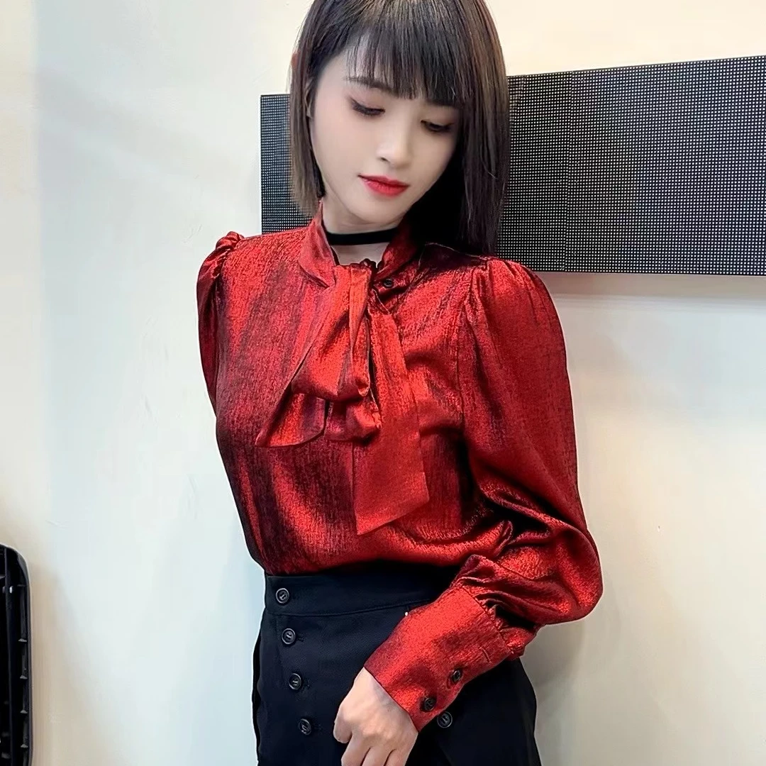 2024秋季新款衬衫潮流女装暗金色红色气质衬衣长袖网红洋气时尚