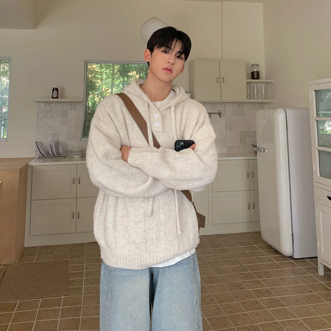 秋冬高品质休闲连帽宽松长袖毛衣针织衫百搭纯色韩版慵懒风情侣潮