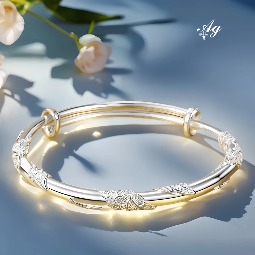 足银手镯 【银妆】繁花似锦推拉手镯手工时尚素款女款百搭精美气质
