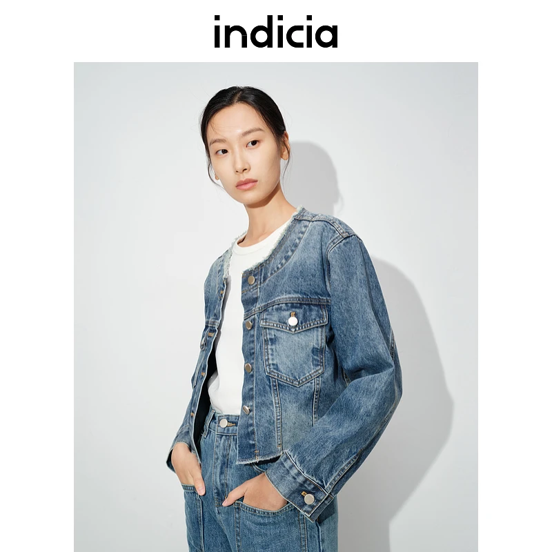 indicia标记2024秋季新款蓝色短款牛仔外套磨白时尚女装L2C4WT156