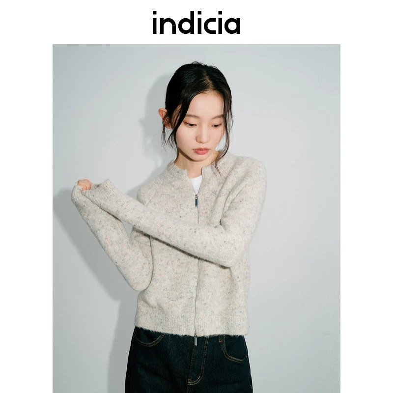 indicia标记24冬知性极简风通勤花灰色短款针织开衫L2D4KS177