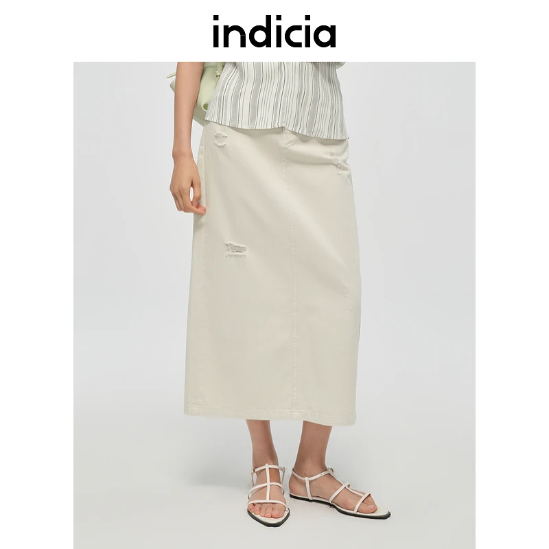 indicia标记24年夏新款破洞牛仔半裙绿色休闲通勤裙子6B406QZ349C