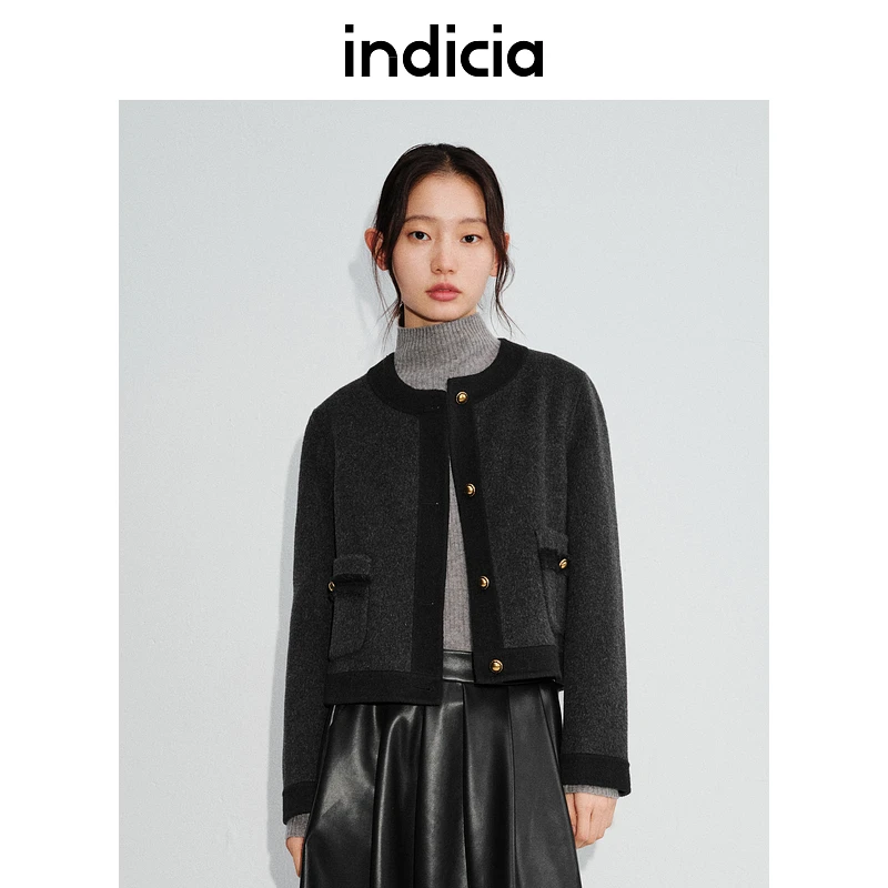indicia标记24年冬新款绵羊毛小香风外套复古毛呢大衣短L2D4WT191