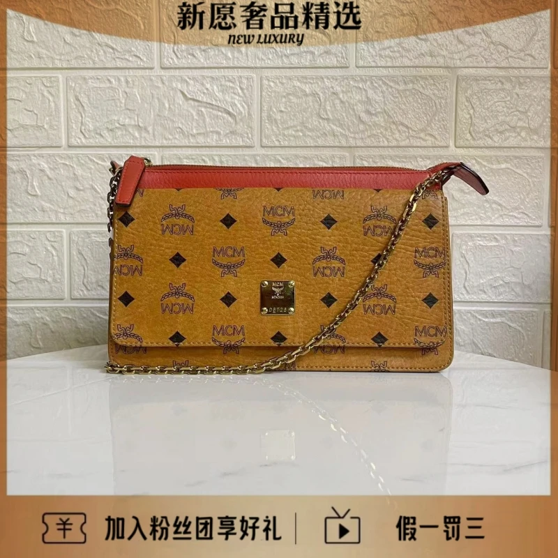 95新 MCM 老花拼红翻盖单肩包斜挎包