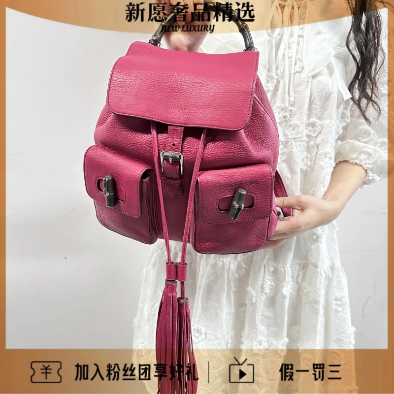 99新 GUCCI/古驰 玫红色竹节双肩包