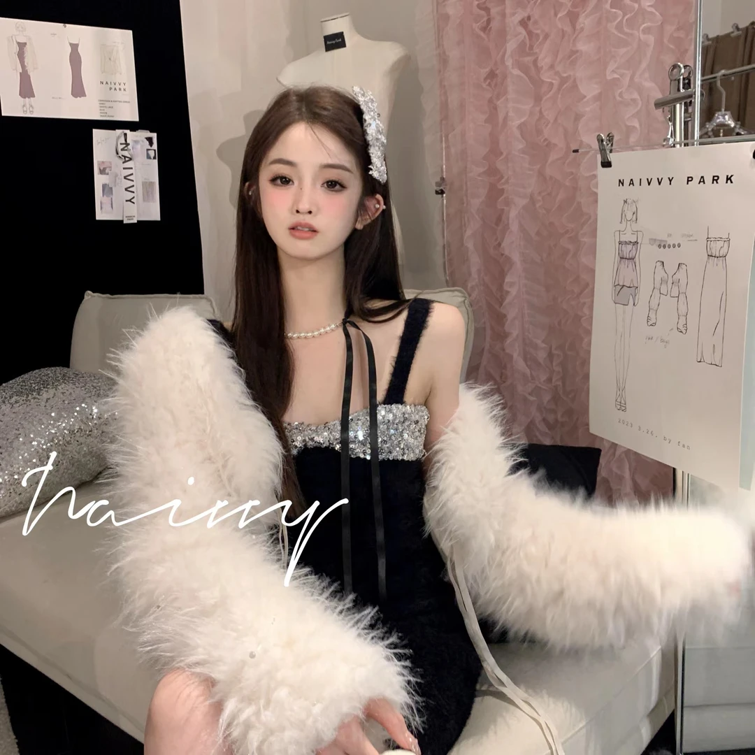 NAIVVY【 酒醺奶贝】小众纯欲修身包臀拼接显瘦亮片女装连衣裙