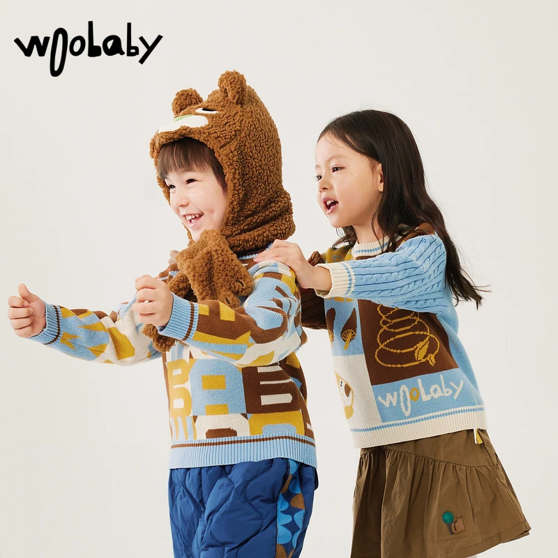 【纯棉毛衣】Woobaby撞色保暖毛衣男女童纯棉针织衫WBC2343O120201