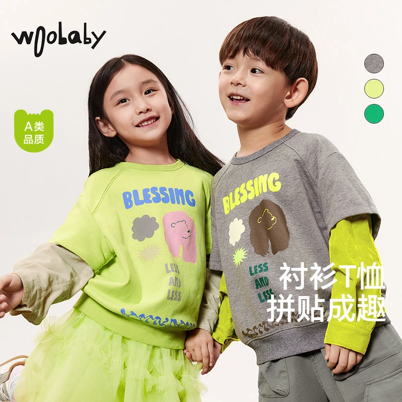 WB【假两件】woobaby撞色纯棉假两件毛圈打底衫WBG33O010105