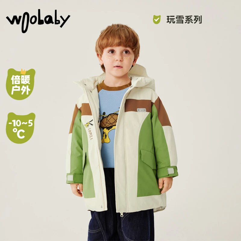 WB【三防】woobaby儿童羽绒服三防工装长款冬装撞色外套