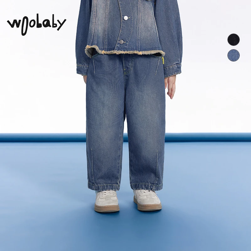WB【牛仔裤】woobaby儿童时尚宽松中性牛仔乌斯帕裤子WBG43O040110