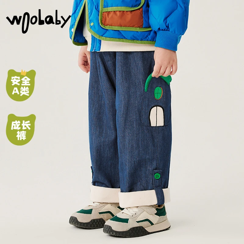 【woobaby秀场童装】秋季加绒儿童牛仔裤洋气休闲裤WBC2343O040119